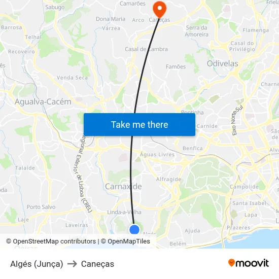Algés (Junça) to Caneças map
