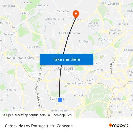 Carnaxide (Av Portugal) to Caneças map