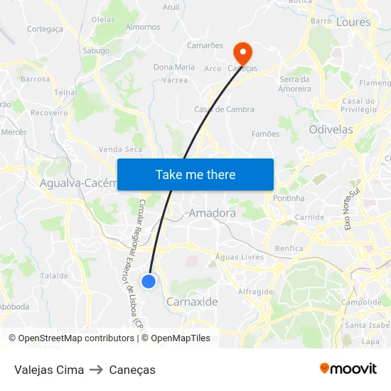 Valejas Cima to Caneças map
