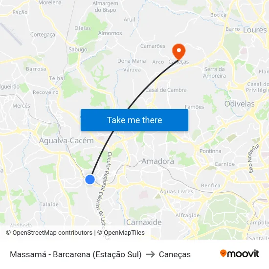 Massamá - Barcarena (Estação Sul) to Caneças map