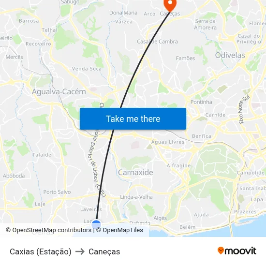 Caxias (Estação) to Caneças map