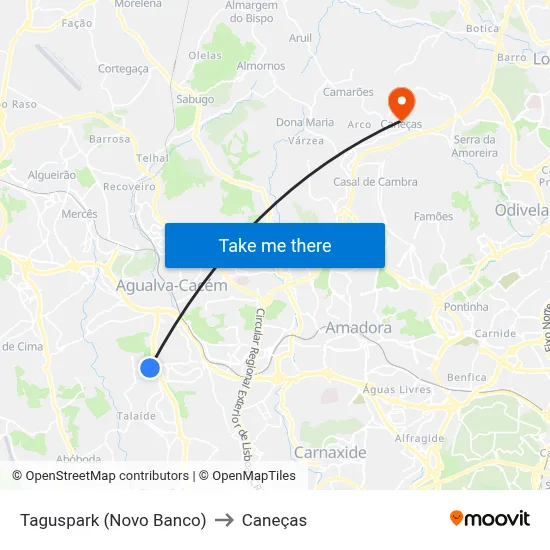 Taguspark (Novo Banco) to Caneças map