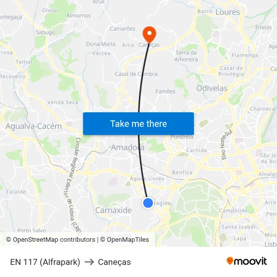EN 117 (Alfrapark) to Caneças map