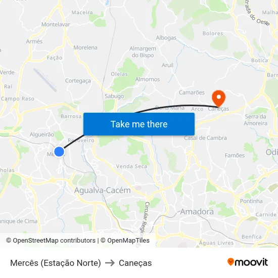 Mercês (Estação Norte) to Caneças map