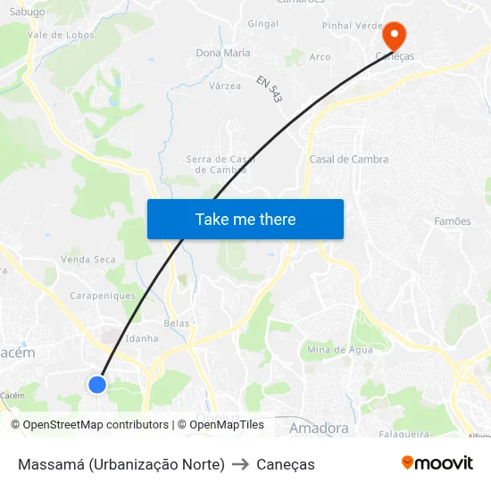 Massamá (Urbanização Norte) to Caneças map