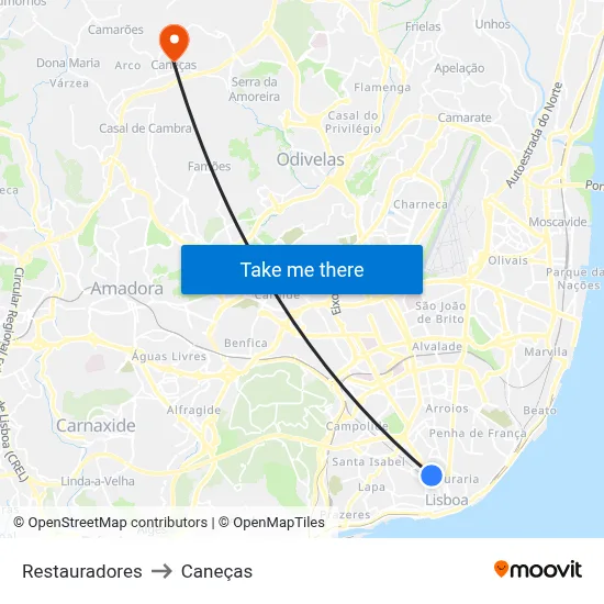 Restauradores to Caneças map