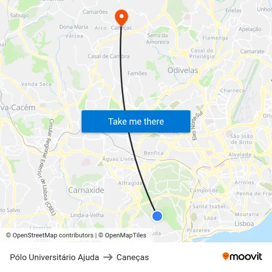 Pólo Universitário Ajuda to Caneças map