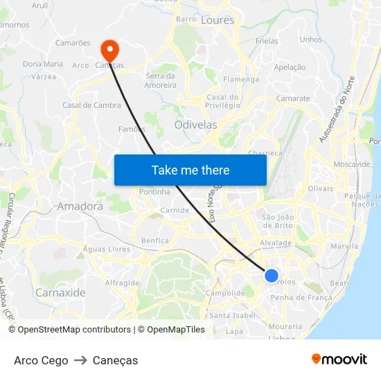 Arco Cego to Caneças map