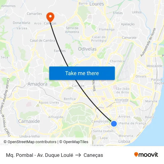 Mq. Pombal - Av. Duque Loulé to Caneças map