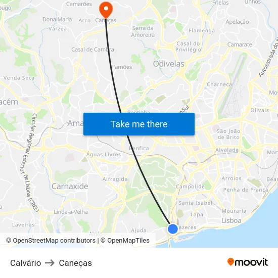 Calvário to Caneças map