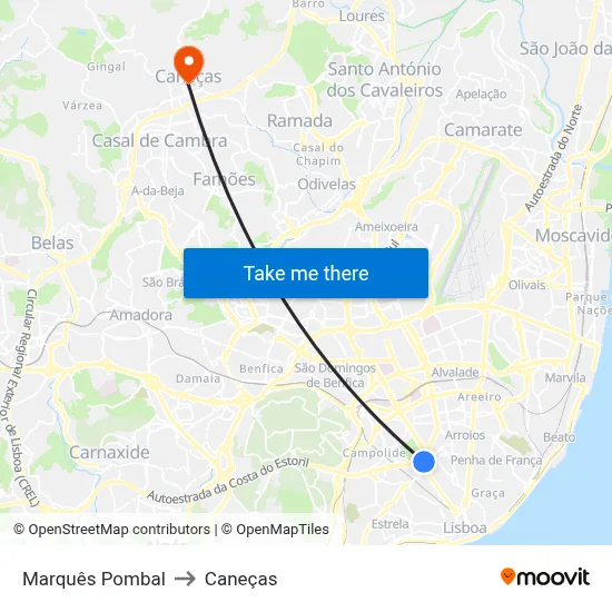 Marquês Pombal to Caneças map