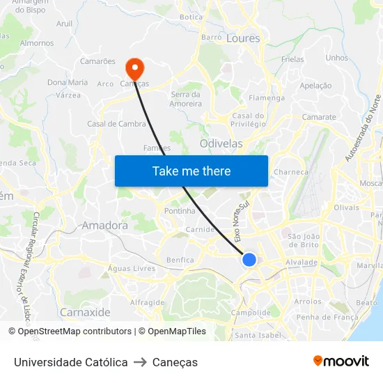 Universidade Católica to Caneças map