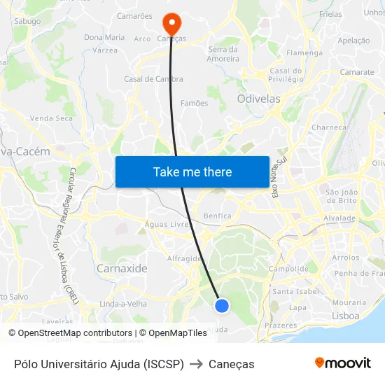 Pólo Universitário Ajuda (ISCSP) to Caneças map