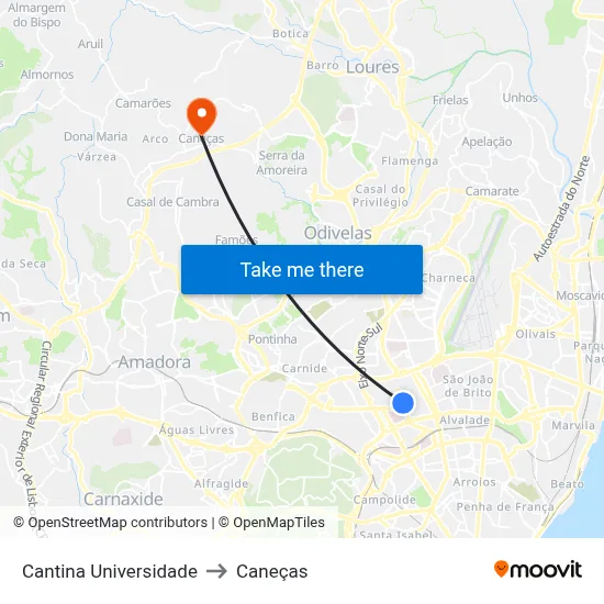 Cantina Universidade to Caneças map