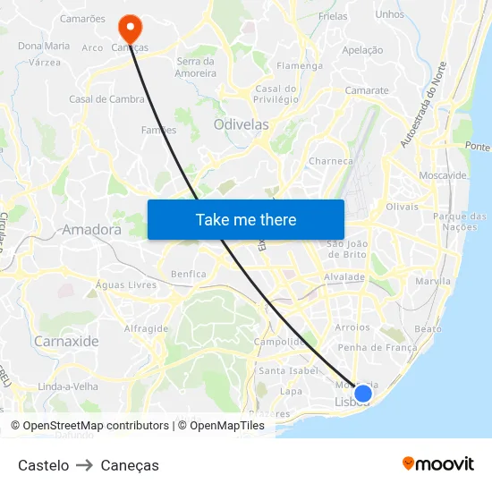 Castelo to Caneças map
