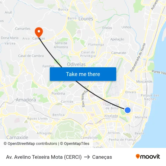 Av. Avelino Teixeira Mota (CERCI) to Caneças map