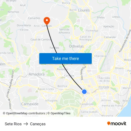 Sete Rios to Caneças map