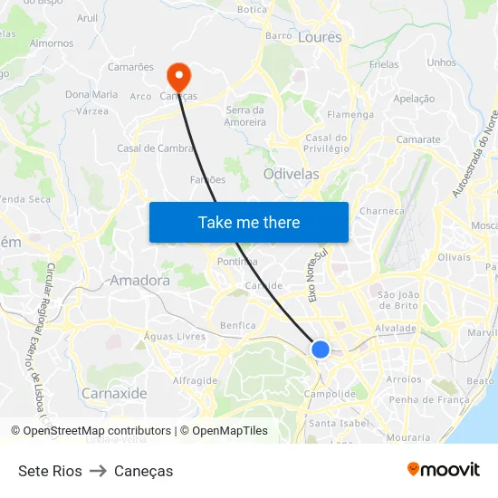 Sete Rios to Caneças map