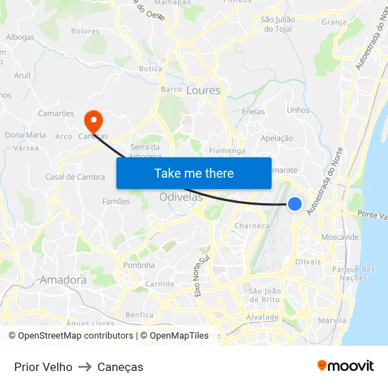 Prior Velho to Caneças map