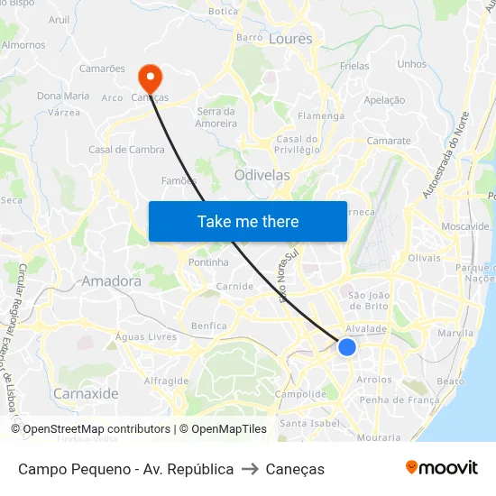 Campo Pequeno - Av. República to Caneças map