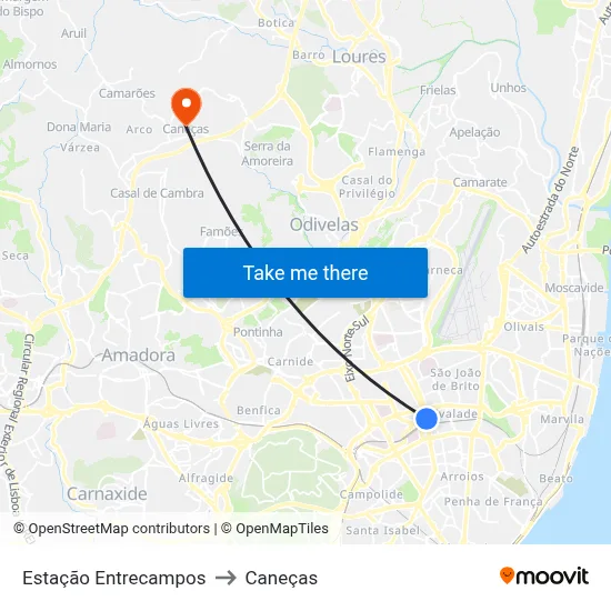 Estação Entrecampos to Caneças map