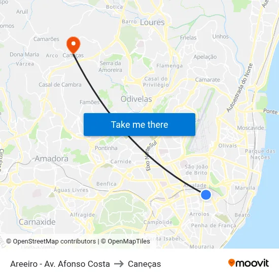 Areeiro - Av. Afonso Costa to Caneças map