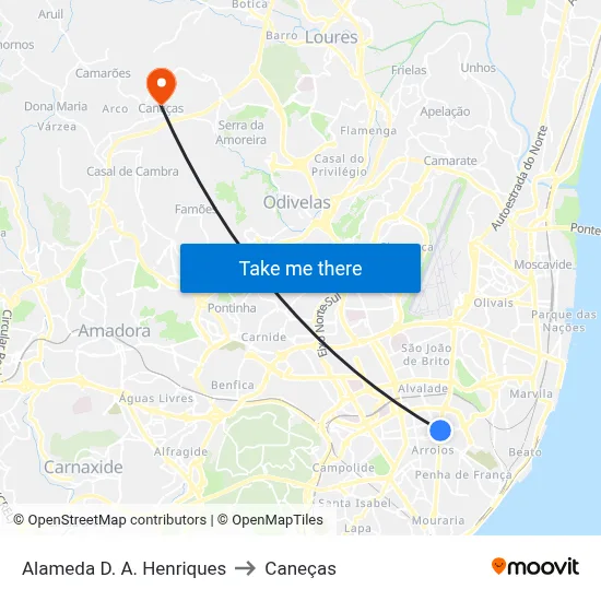 Alameda D. A. Henriques to Caneças map