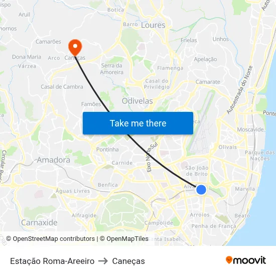 Estação Roma-Areeiro to Caneças map