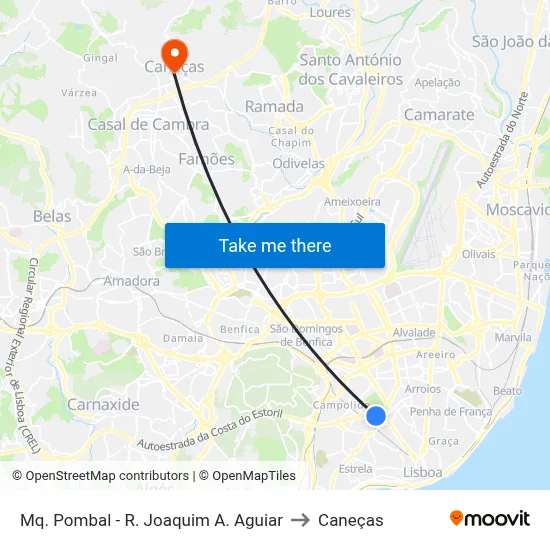 Mq. Pombal - R. Joaquim A. Aguiar to Caneças map