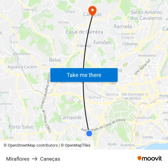 Miraflores to Caneças map