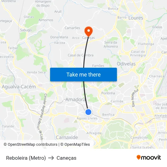 Reboleira (Metro) to Caneças map