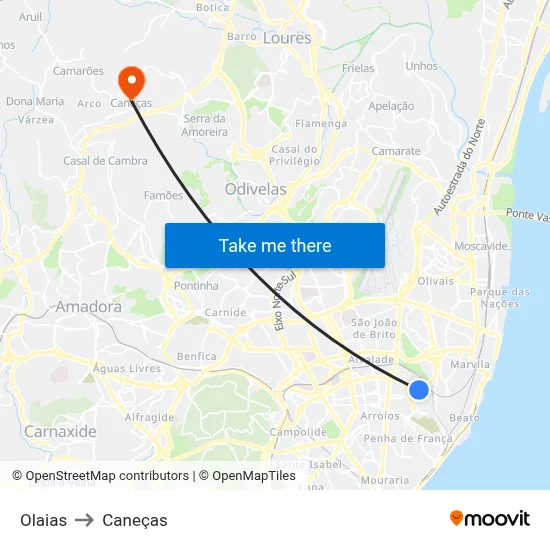 Olaias to Caneças map