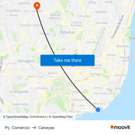Pç. Comércio to Caneças map