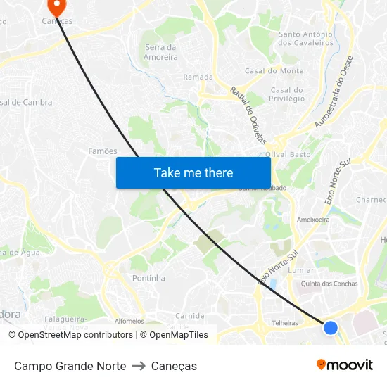 Campo Grande Norte to Caneças map