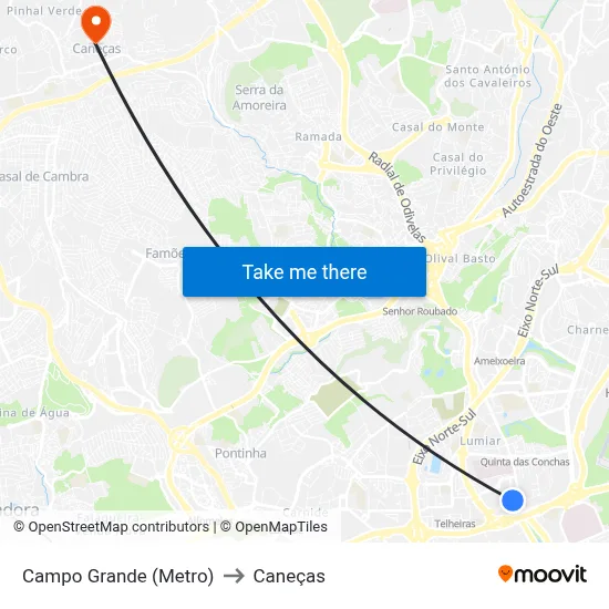 Campo Grande (Metro) to Caneças map