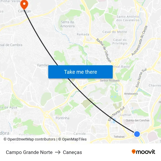 Campo Grande Norte to Caneças map