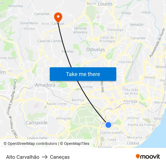 Alto Carvalhão to Caneças map