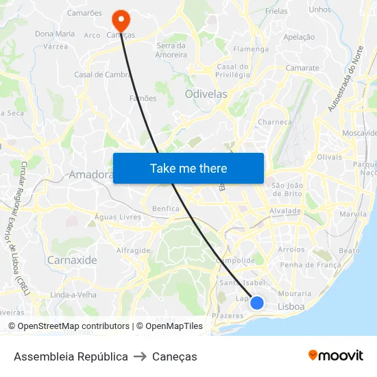 Assembleia República to Caneças map