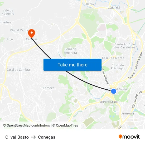 Olival Basto to Caneças map