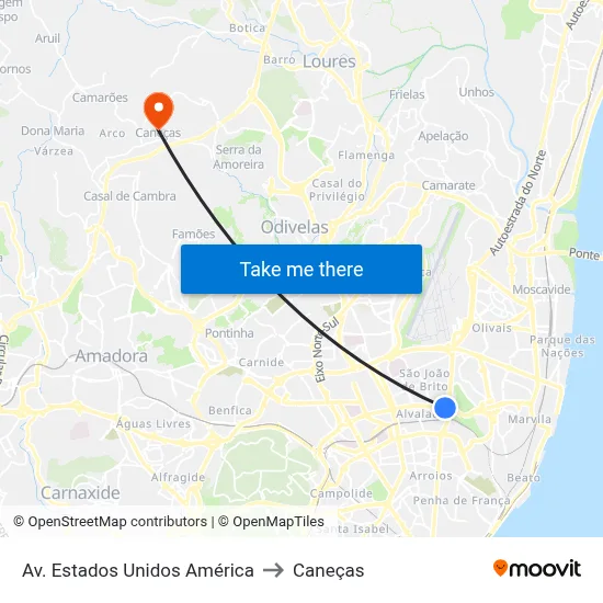 Av. Estados Unidos América to Caneças map
