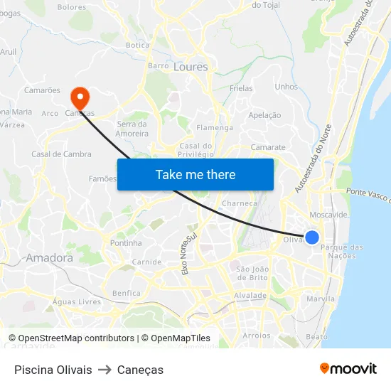 Piscina Olivais to Caneças map