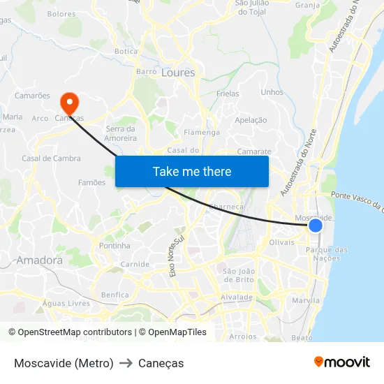 Moscavide (Metro) to Caneças map