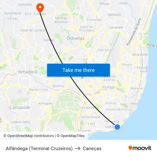 Alfândega (Terminal Cruzeiros) to Caneças map