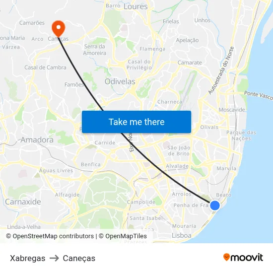 Xabregas to Caneças map