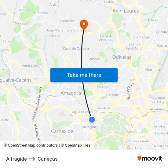 Alfragide to Caneças map