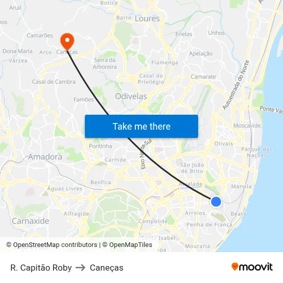 R. Capitão Roby to Caneças map