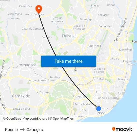 Rossio to Caneças map