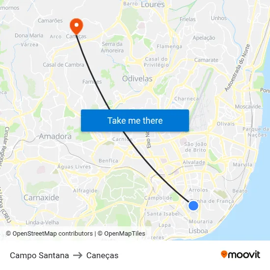 Campo Santana to Caneças map