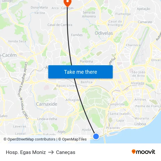 Hosp. Egas Moniz to Caneças map