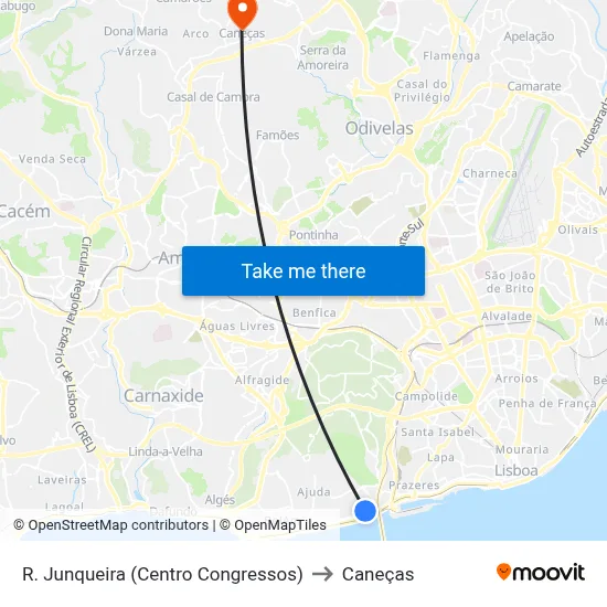 R. Junqueira (Centro Congressos) to Caneças map